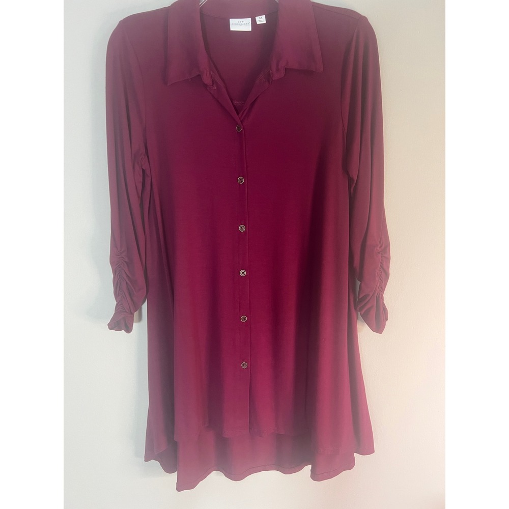 New Directions Burgundy Hi-Low Cardigan Blouse Ruched Sleeve Button Down Top‎ M